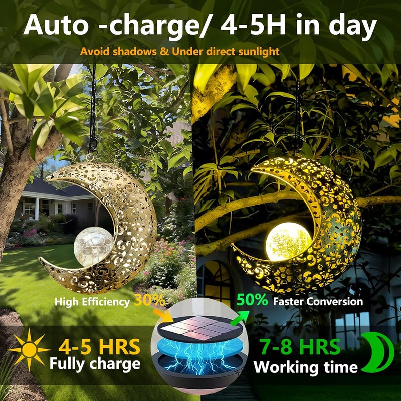 CF Solar Garden Hanging Moon Lights Outdoor Decor,Metal Lanterns Art Decorations for Outside Yard Lawn Patio Wall Fences Driveway Trail,Unique Housewarming Gardening Gifts for Women Mom - Image 3